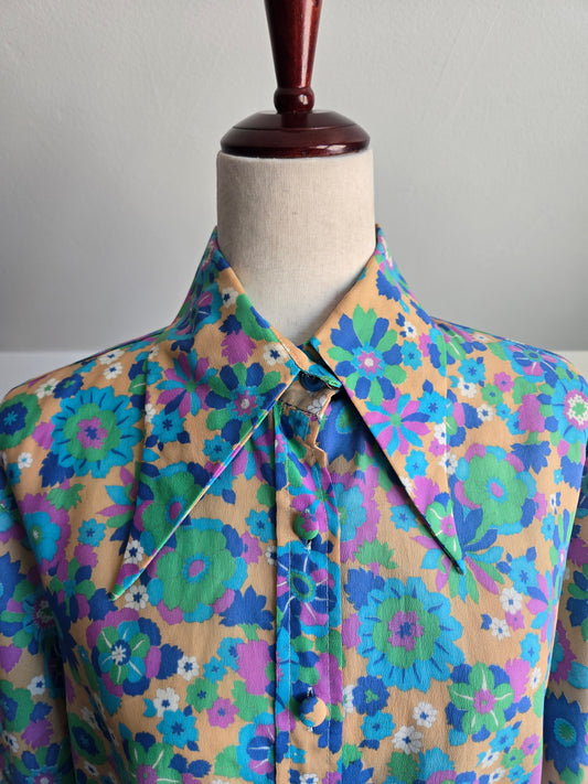 Talia Vintage 70s Floral Daggr Collar Top - M/L