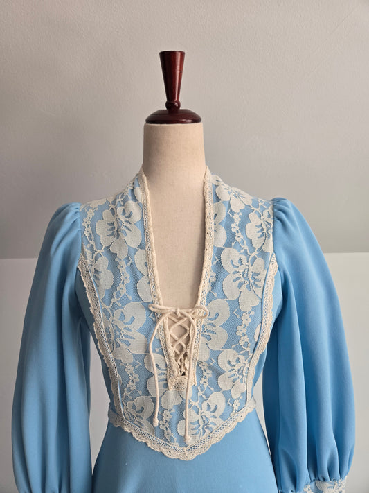 Vintage 1970s Sky Blue Prairie Dress with Floral Lace Details and Corset Top - Small