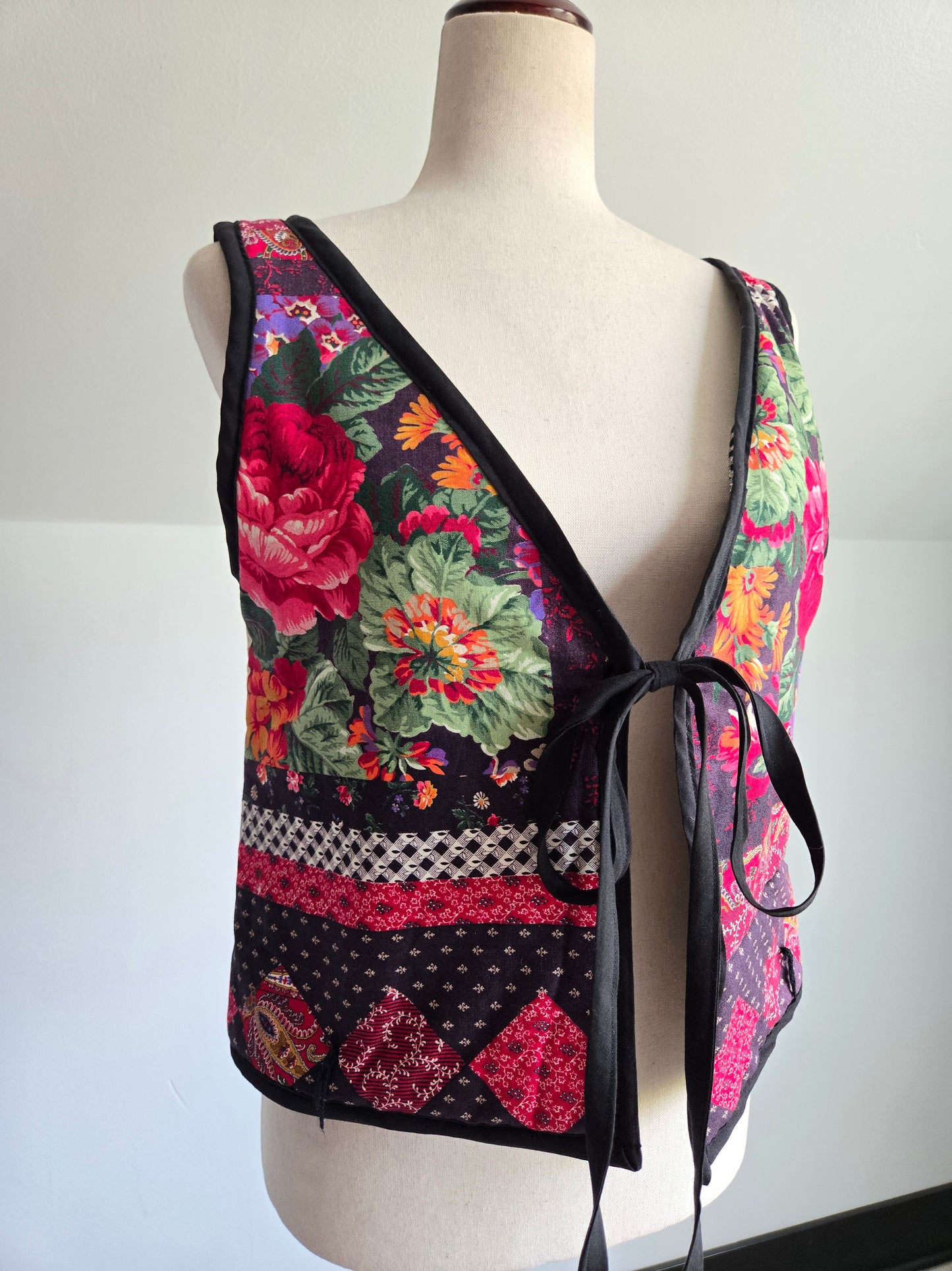 Hand Made Quilted Floral Tie Front Vest - M-XL