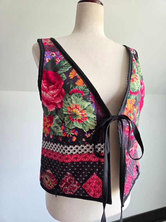 Hand Made Quilted Floral Tie Front Vest - M-XL