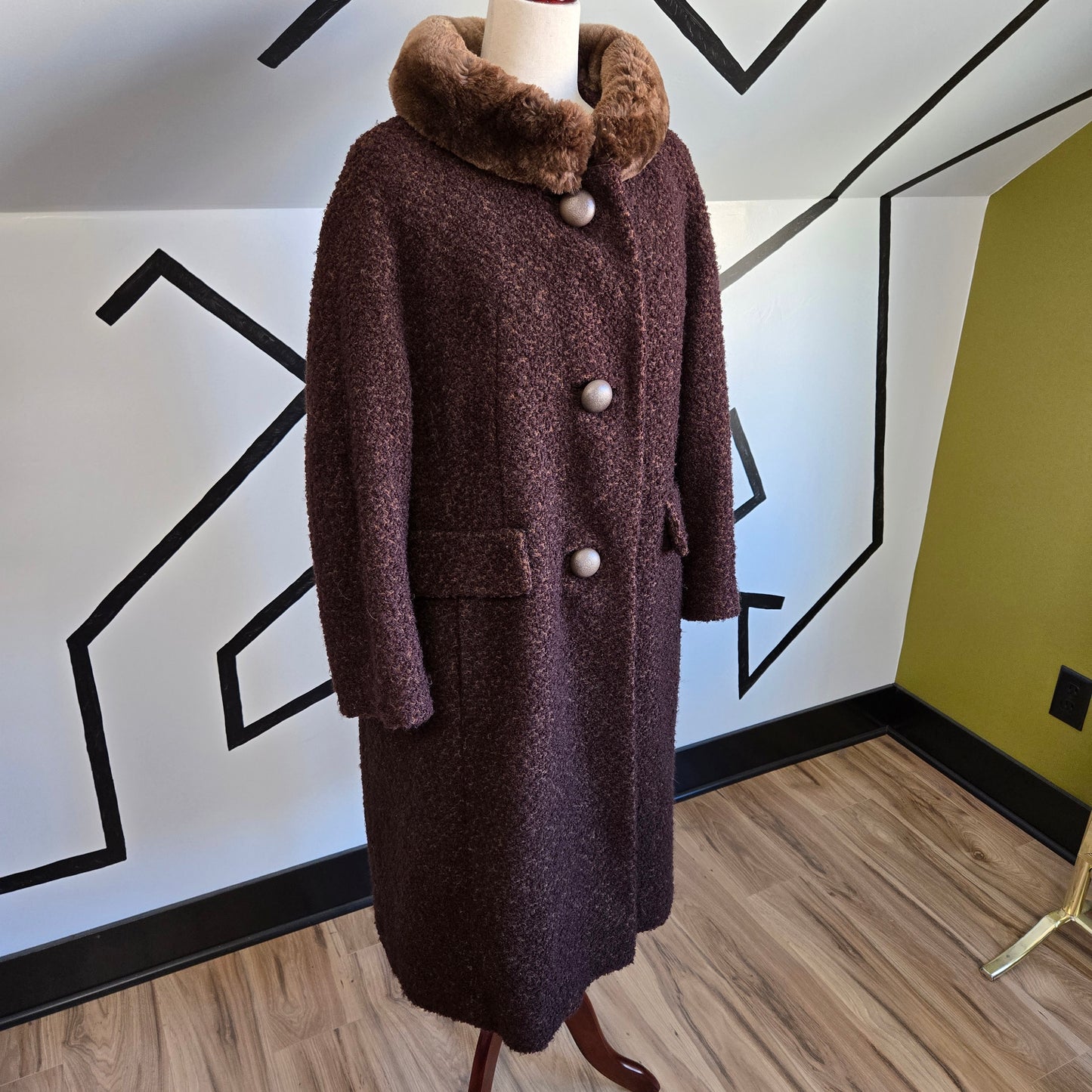 Vintage 1950s Union Made Curly Wool Peacoat with Brown Fur Collar - Large