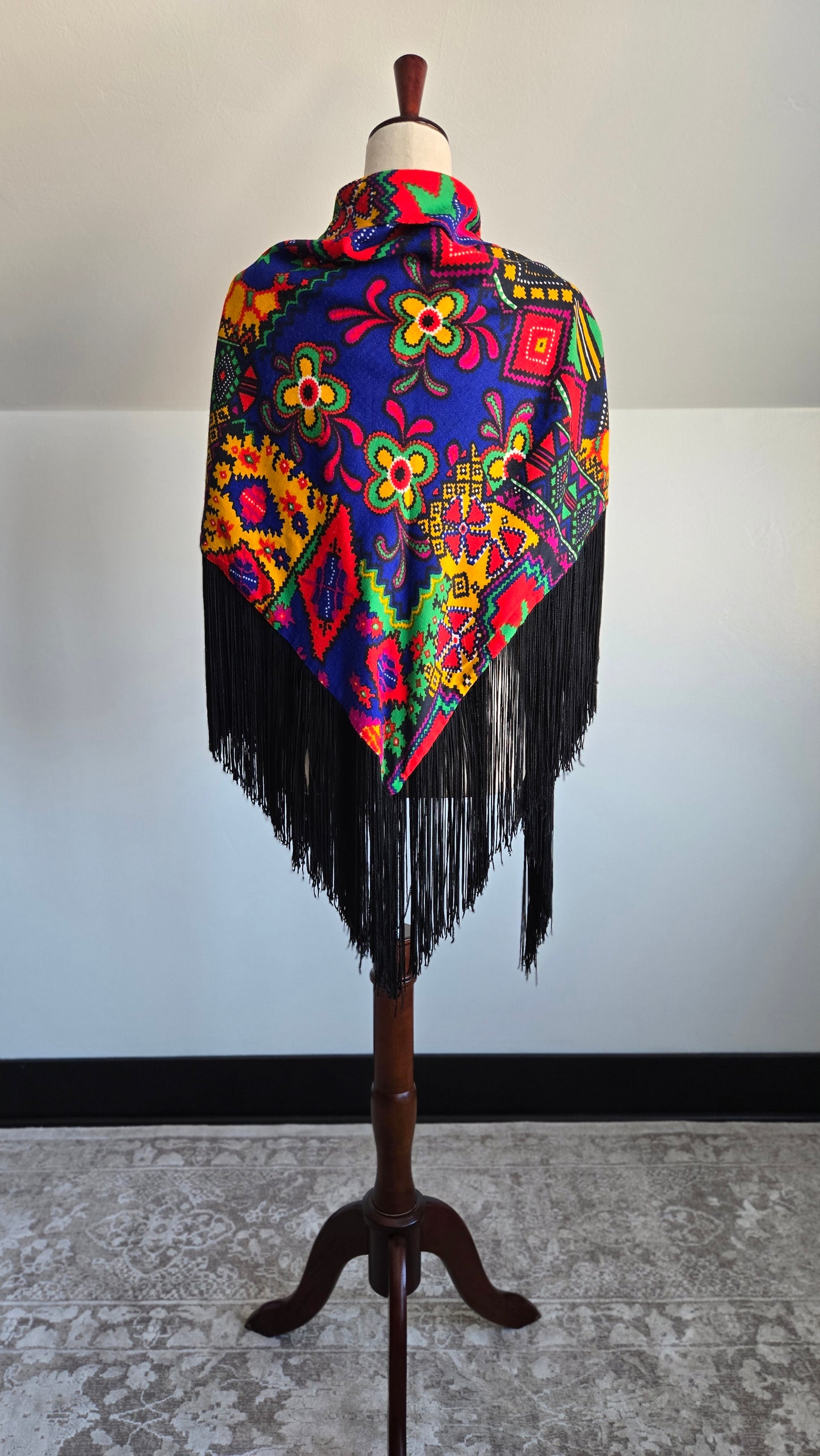 Vintage Barkcloth Dayglo Shawl with Fringe - OS