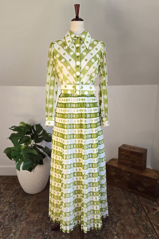 Coco California Vintage 1970s Green and White Polka Dot Stripe Dress -