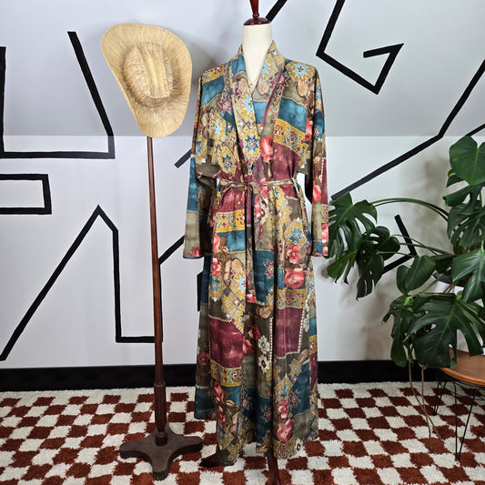 Southwest and Floral Mix Vintage 70s Printed Robe with Belt - XL