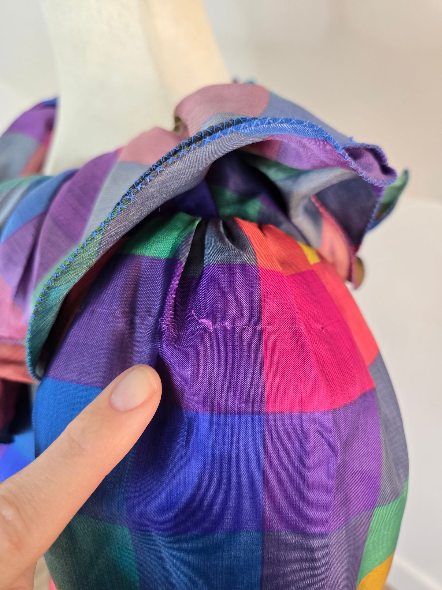 Donna Morgan Vintage 1980s Rainbow Plaid Ruffle Collar Dress - medium