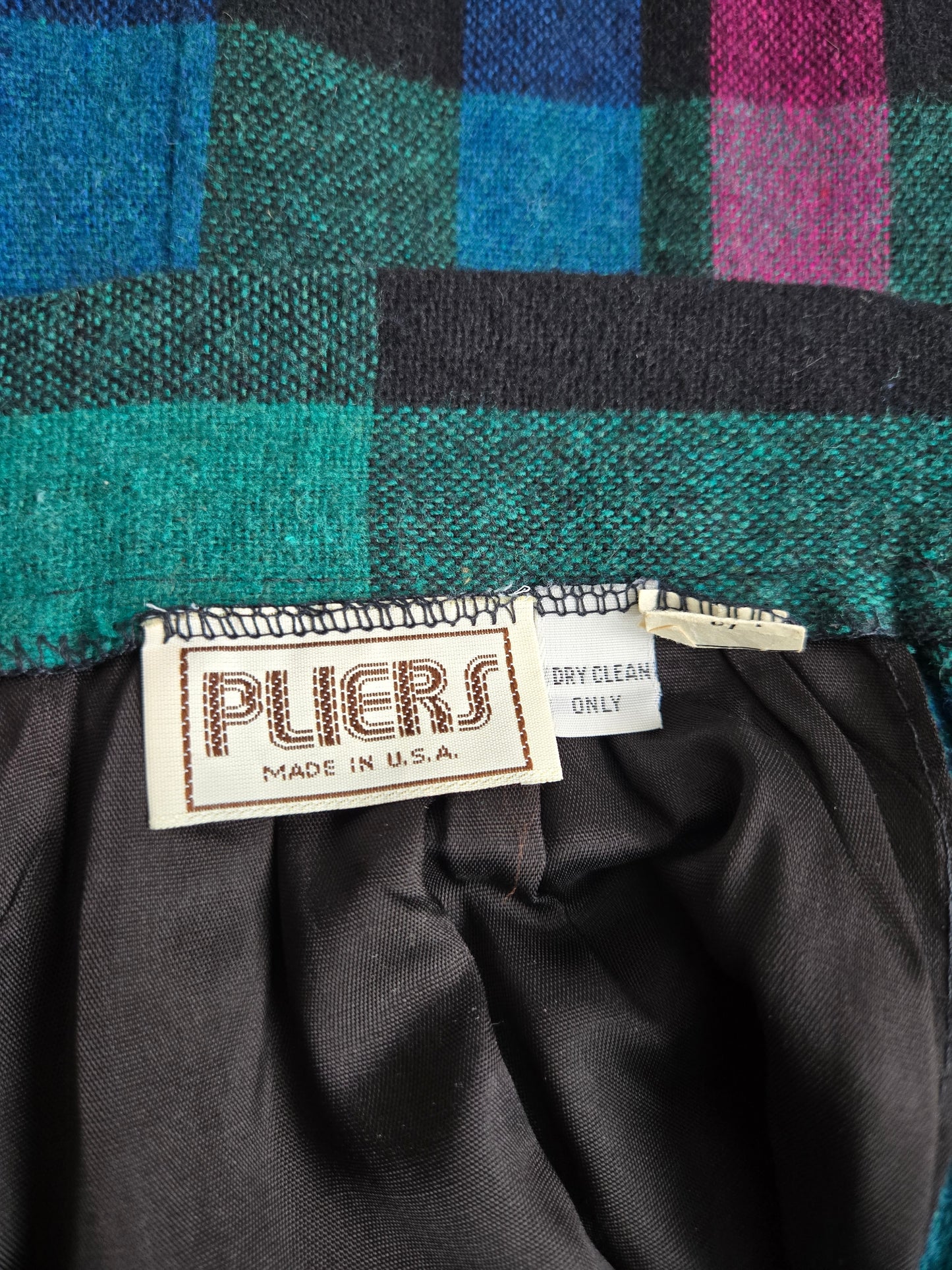 Pliers Vintage 70s Wool Colorful Plaid A-Line Skirt - W24"