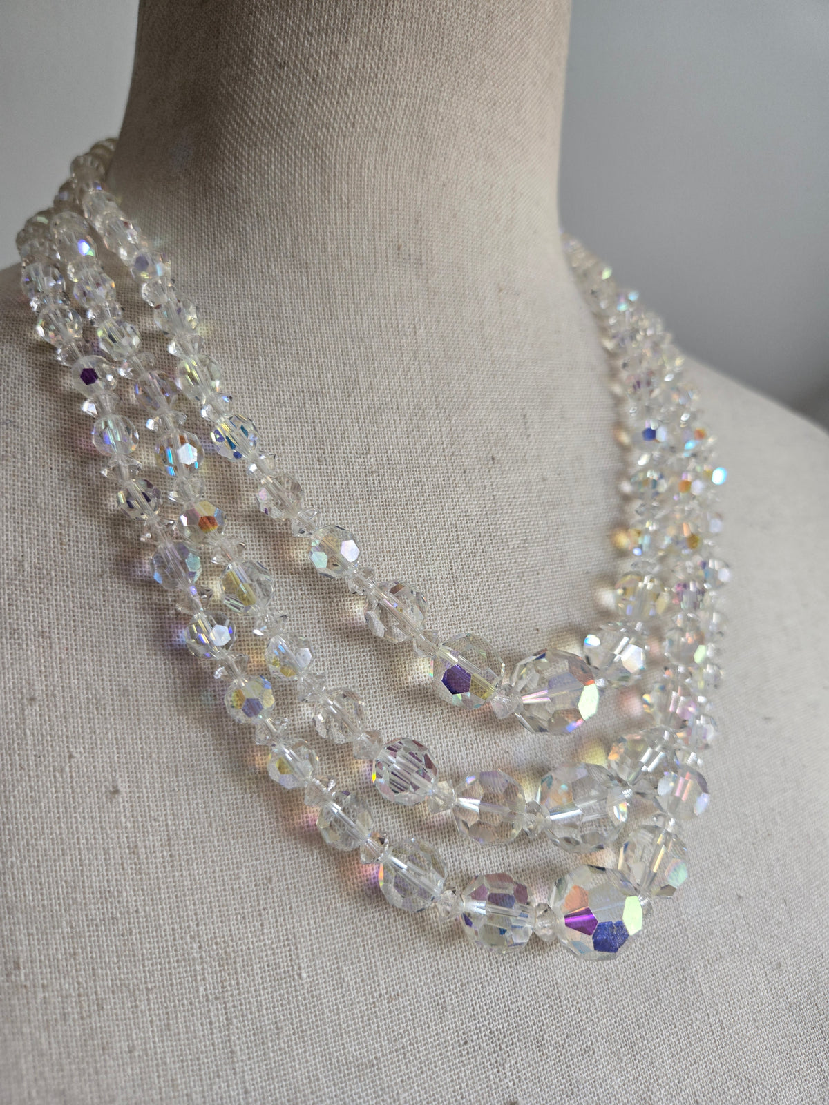 Vintage Three Strand AB Glass Crystal Necklace