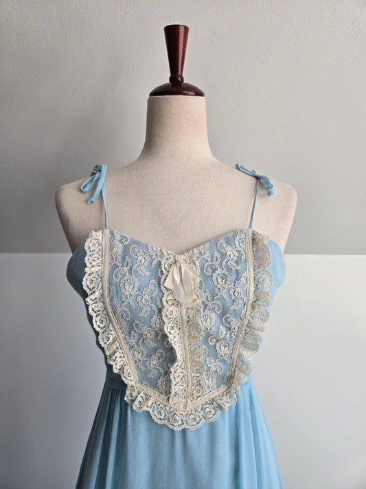 Candi Jones California Vintage 70s Baby Blue Lace Bib Prairie Dress - XS