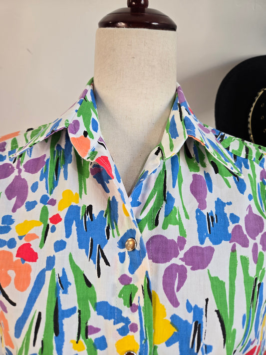 Vintage 80s Cotton Pearl Snap Sleeveless Top - medium
