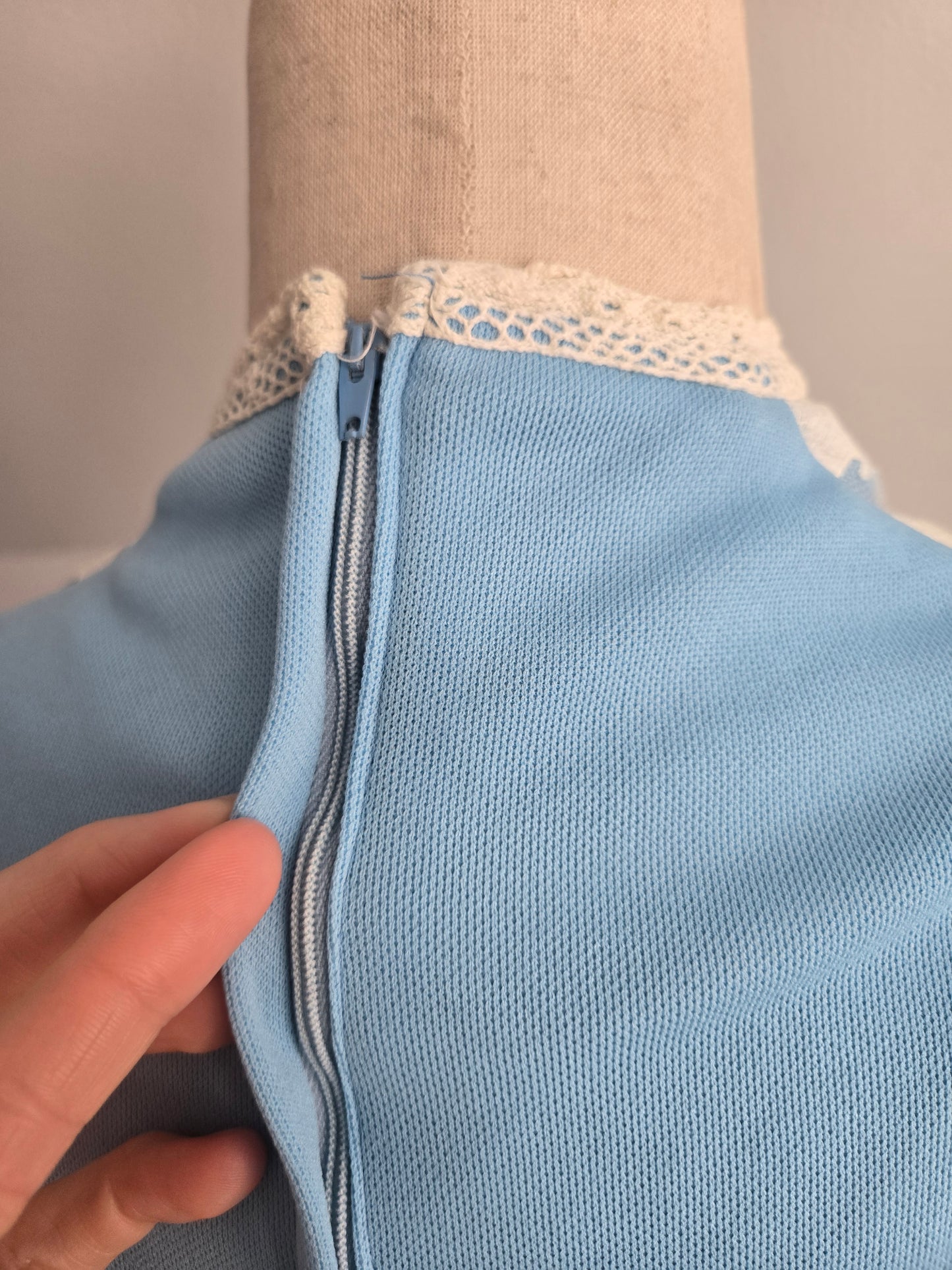 Vintage 1970s Sky Blue Prairie Dress with Floral Lace Details and Corset Top - Small