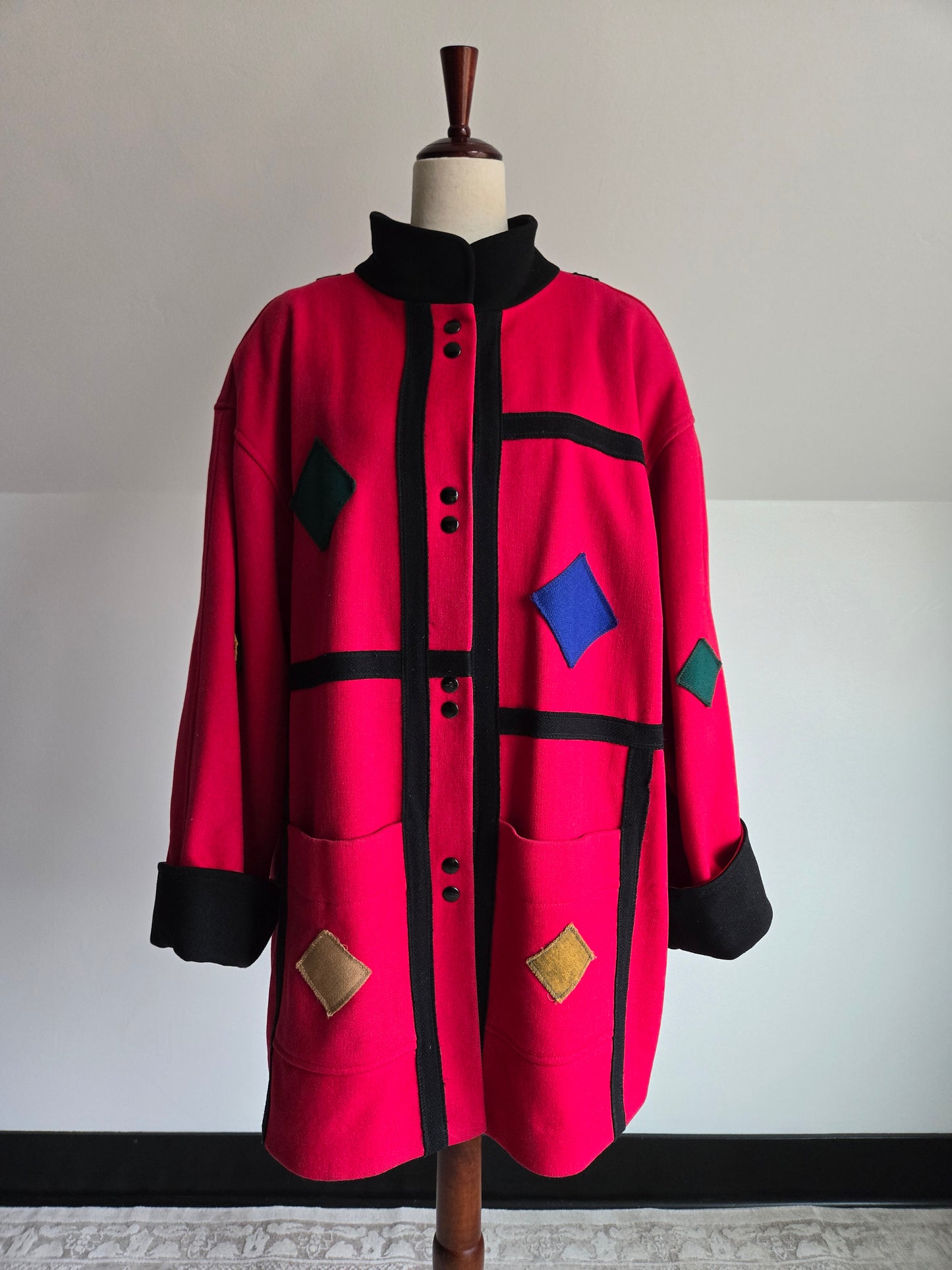 Vintage 1980s Geo Patch Wool Coat Made in Yugoslavia - 2XL
