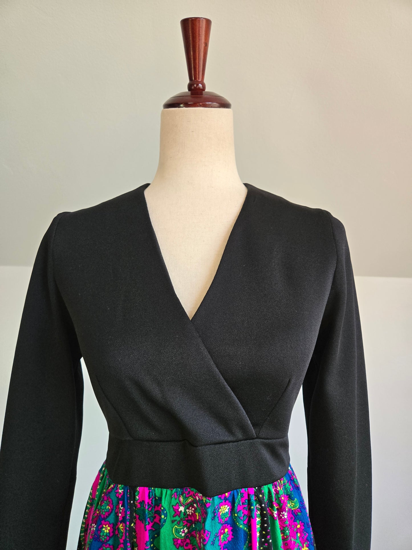 Vintage 70s Black Maxi Dress with Barkcloth Skirt - small