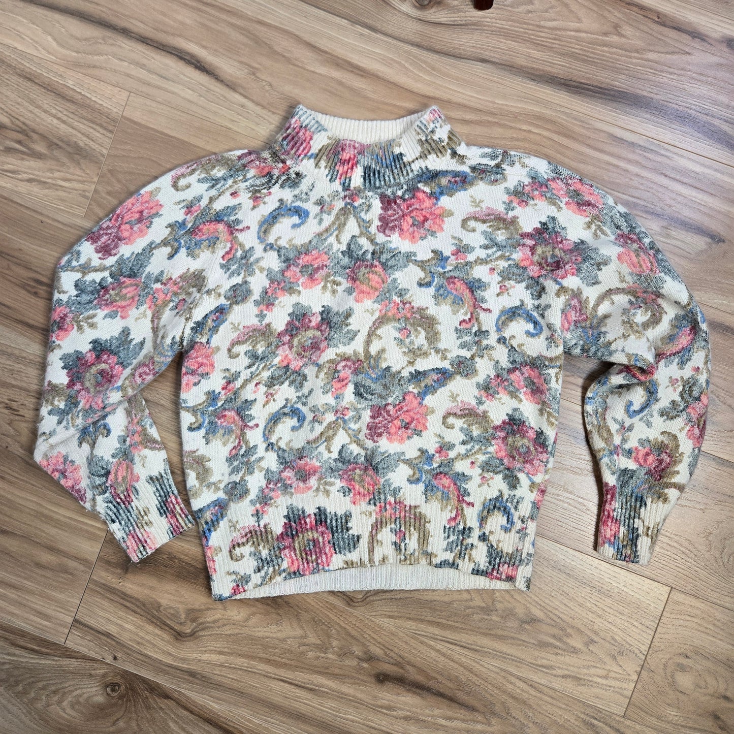 De Rotchild Vintage Silk and Angora Blend Floral Mock Neck Sweater - medium