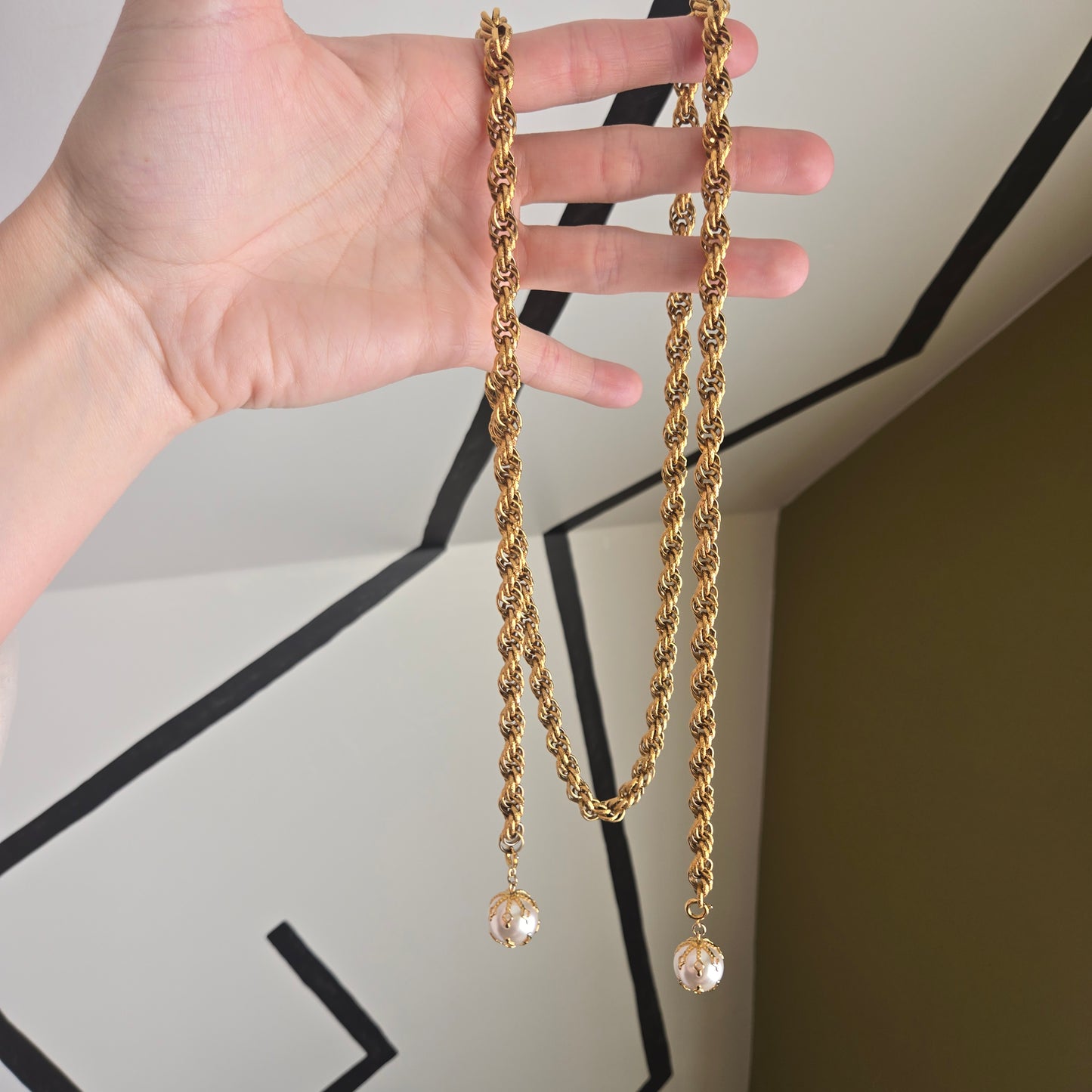 Vintage Gold Tone Open Strand Necklace With Two Drop Pearls