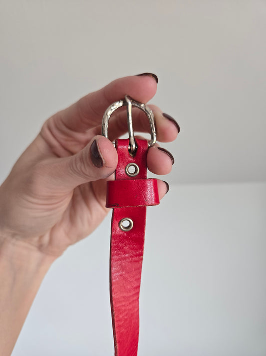 Vintage Red Leather Belt with Silver Coins and Chains - W26-36"