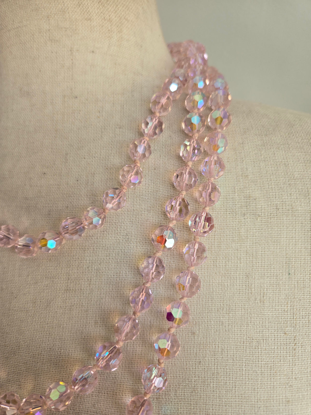 Hand Knotted Pink Glass AB Crystal Long Necklace