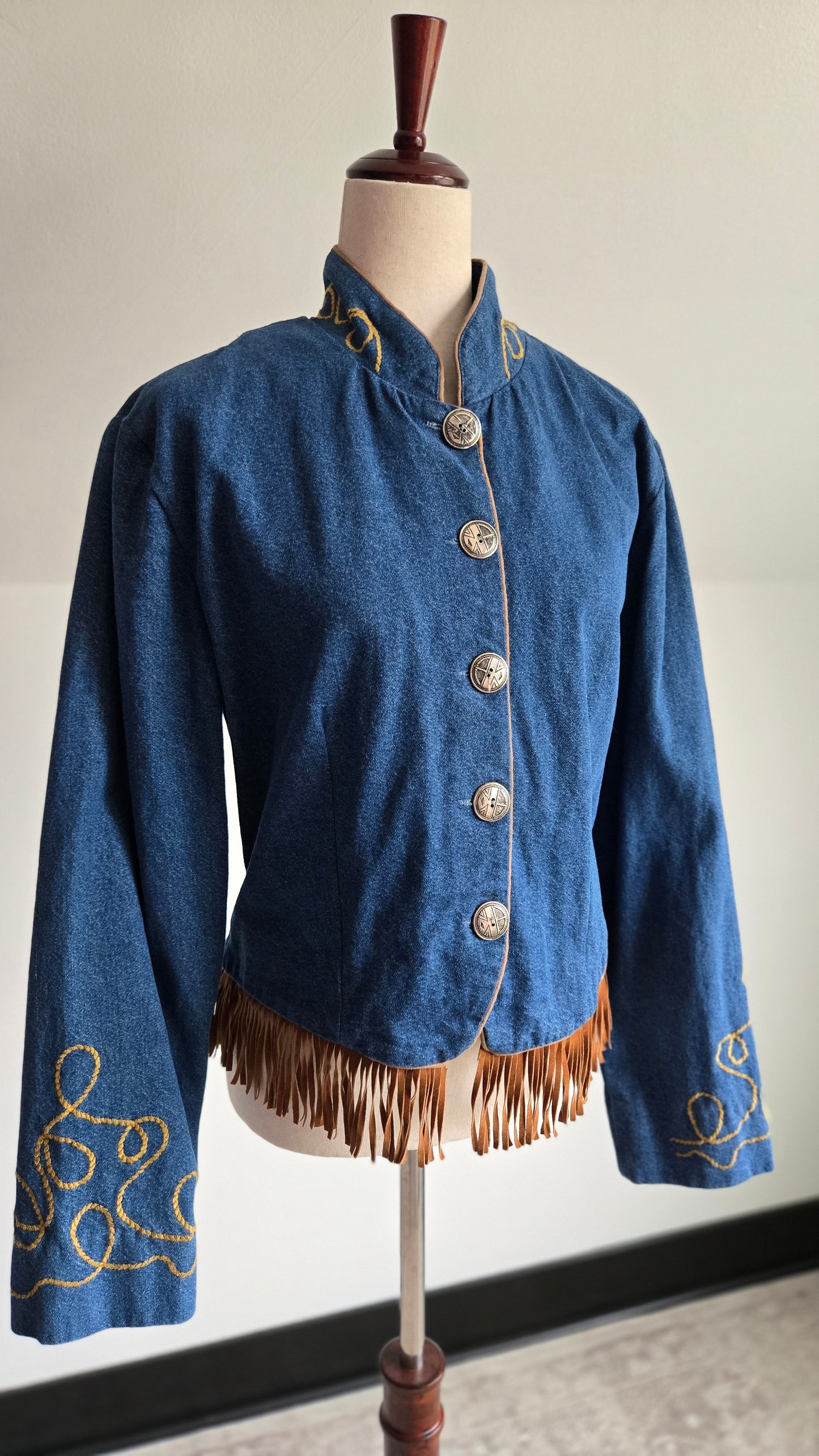Happy Trails Embroidered Denim Western Jacket with Fringe - Medium