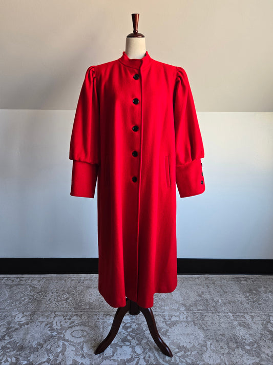 Lady Suzette Vintage 80s Edwardian Revival Bright Red Wool Over Coat - L/XL