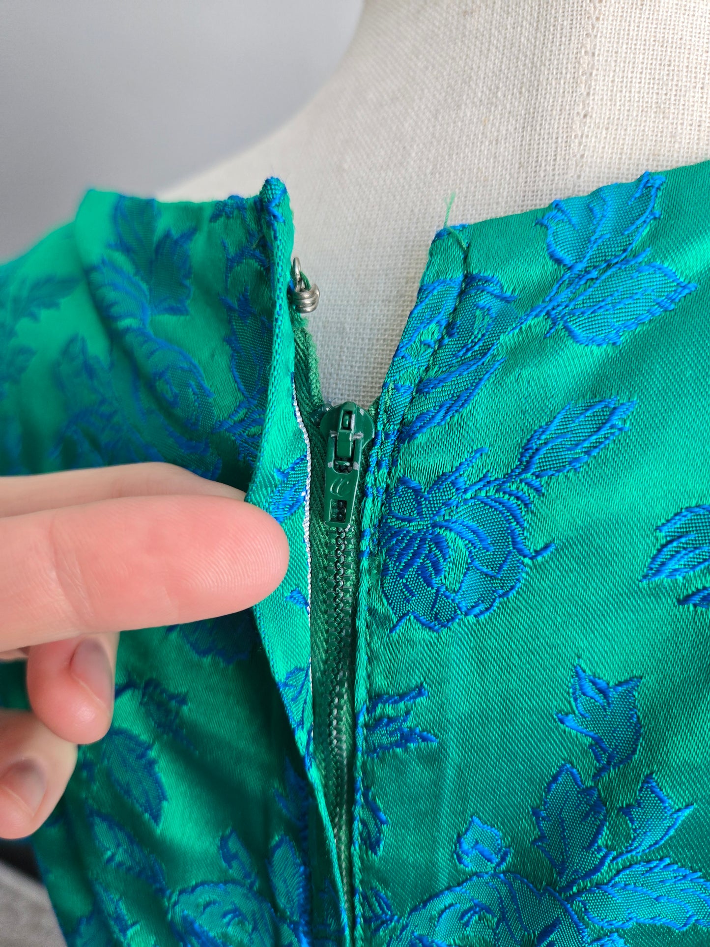 1950s Jacquard Floral Blue Dress - small