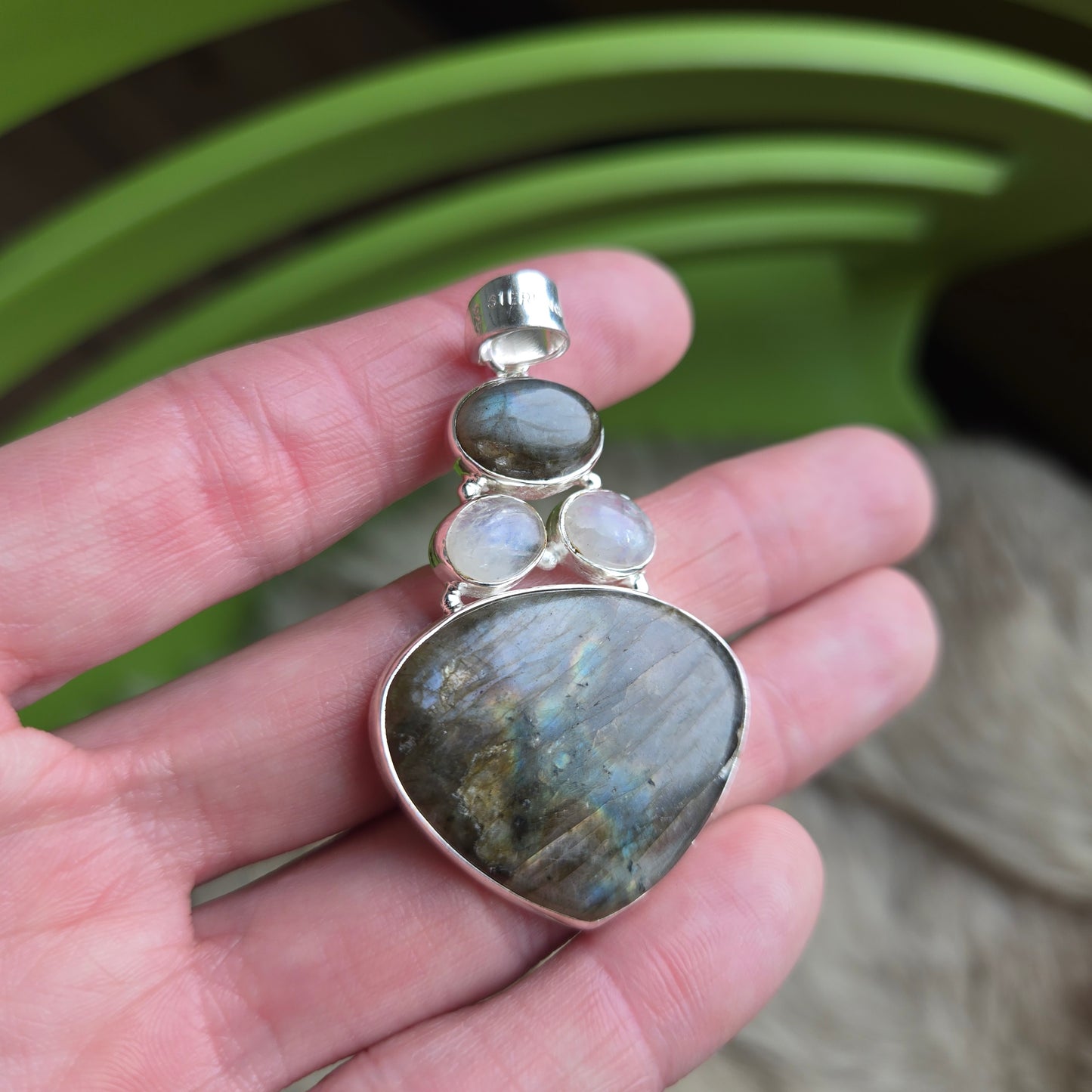 925 Sterling Silver Labradorite and Clear Quartz Pendant