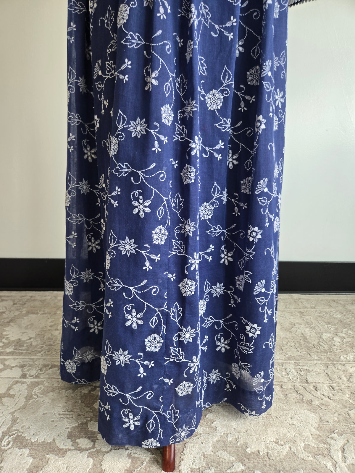 Vintage 70s Navy Blue Floral Embroirdered Maxi Dress - S/M