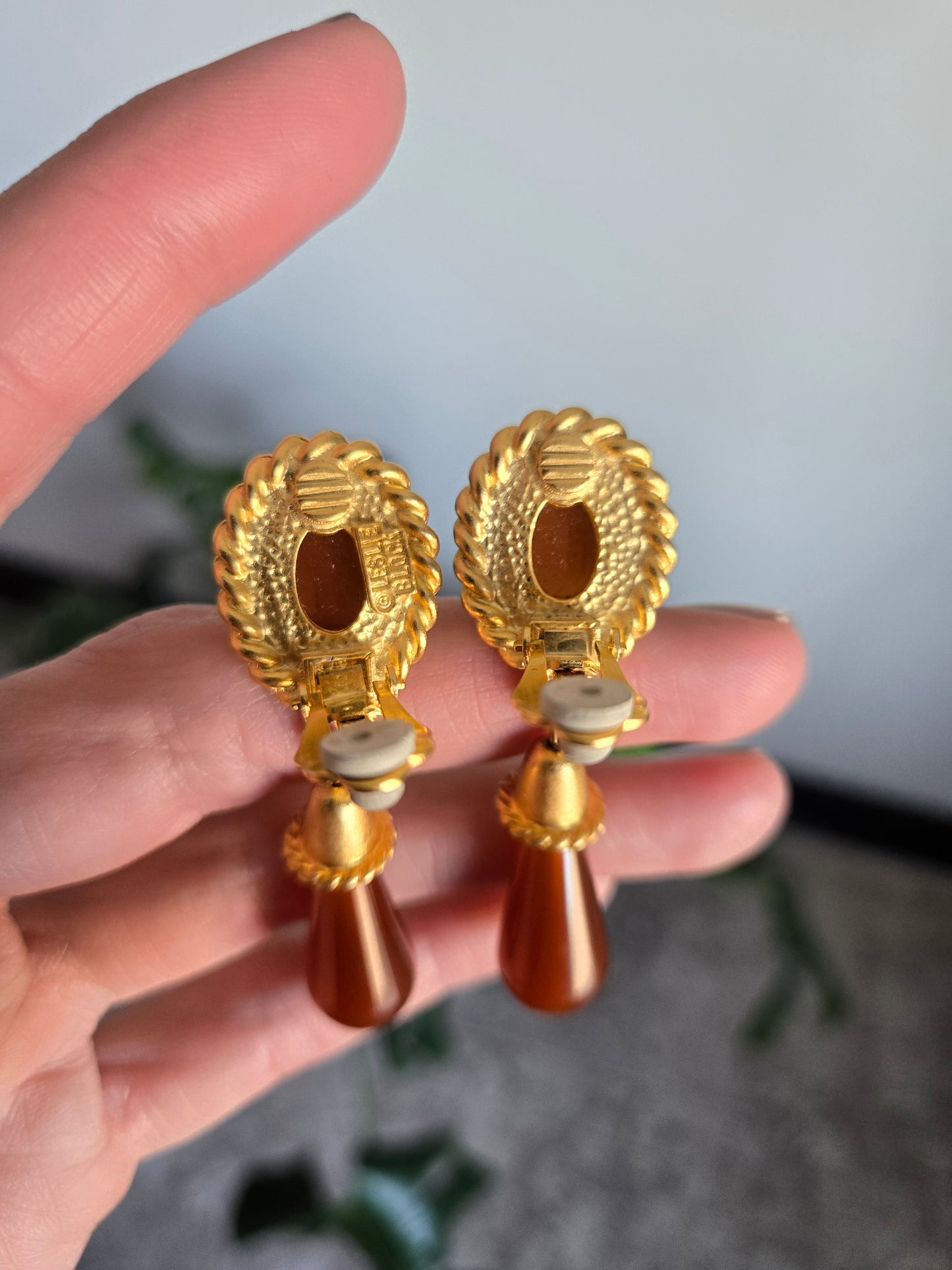 Leslie Block Vintage Gold Tone and Rust Red Clip Ons