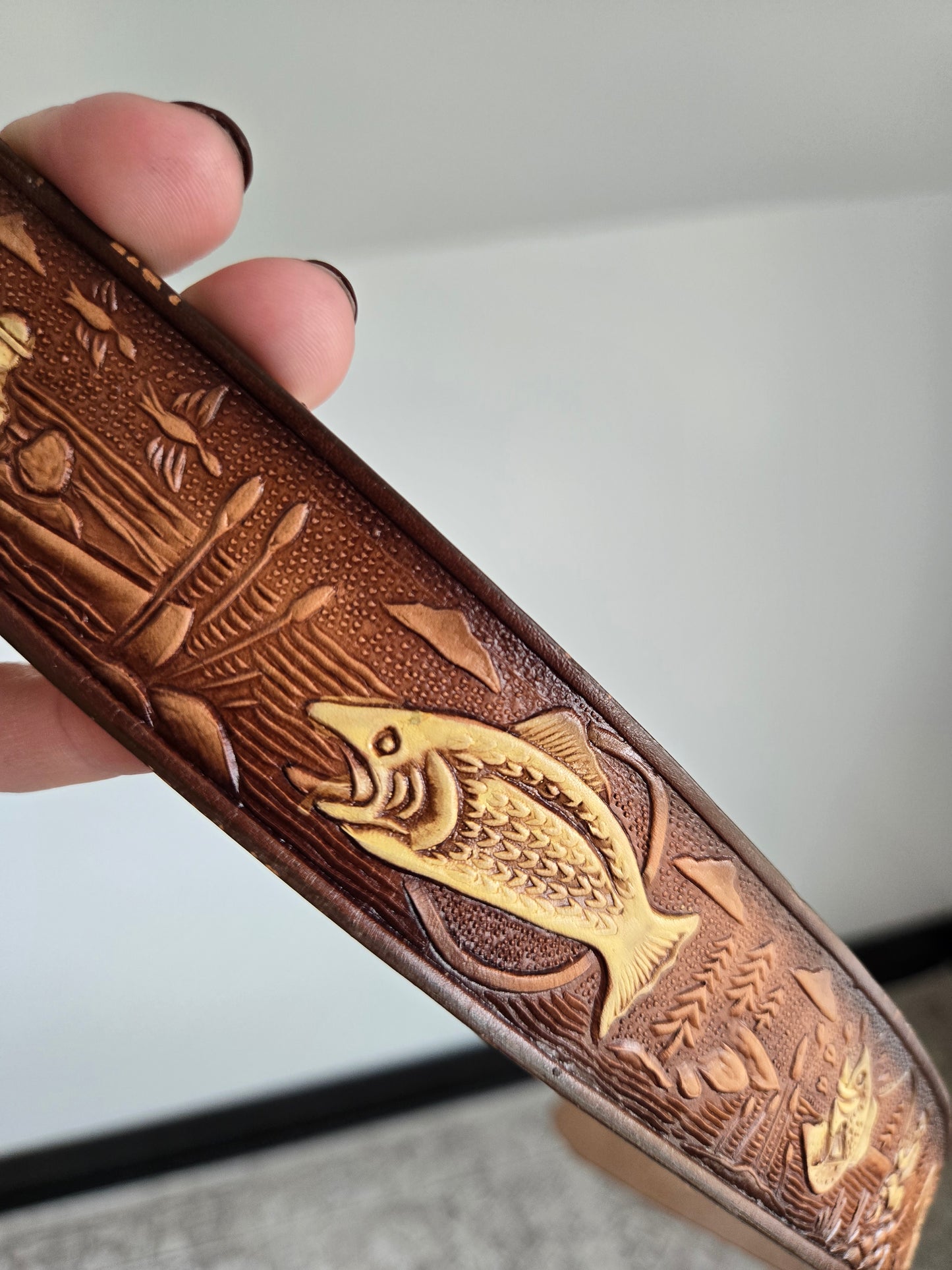 Made in Mexico Tooled Leather Belt in Fishing Pattern - W28-32"