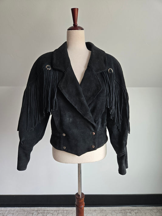 Vintage 80s Made in Korea Black Suede Fringe Leather Jacket - S/M