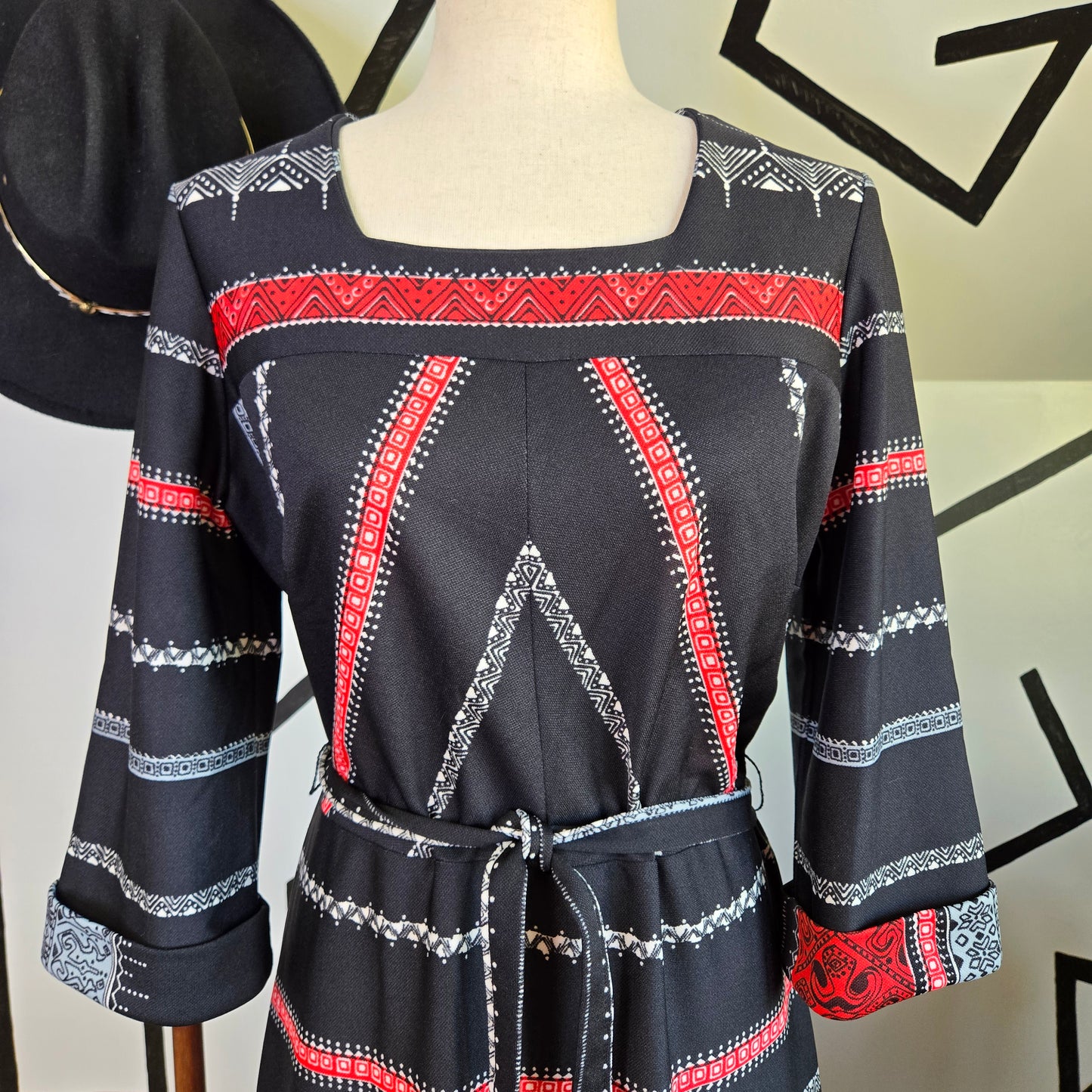 Black and Red Western Print Vintage 1970s Maxi Dress