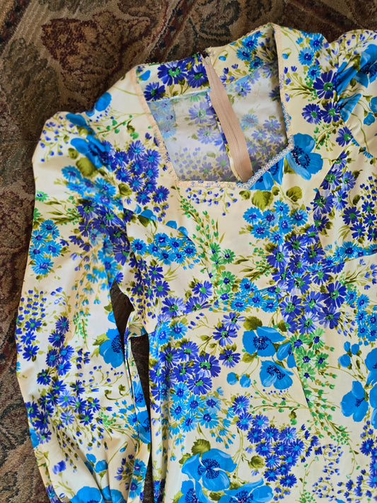 Vintage 70s Flower Power Nylon Maxi Dress - medium