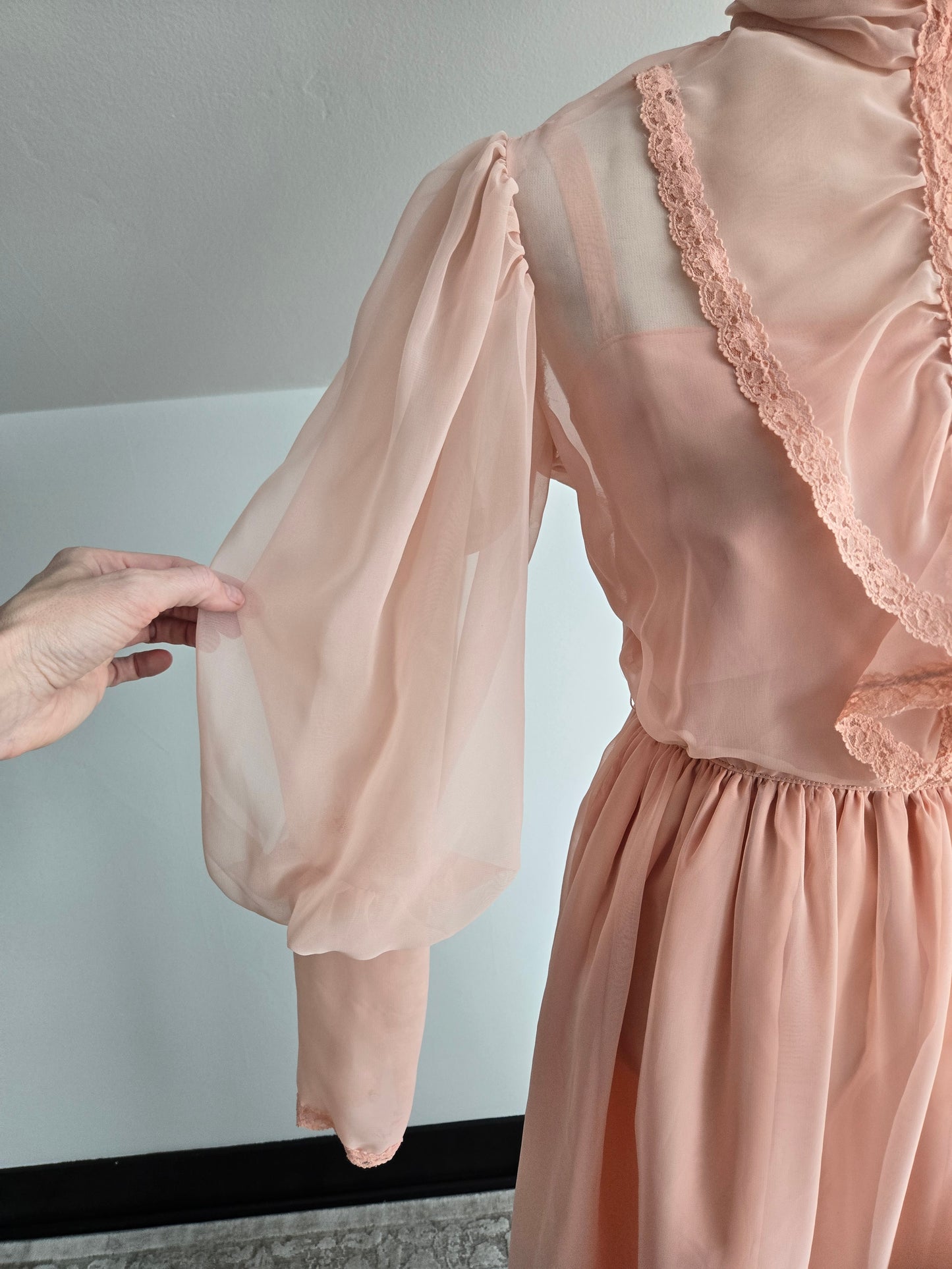 Peachy Pink 1970s Vintage Edwardian Style Dress - small