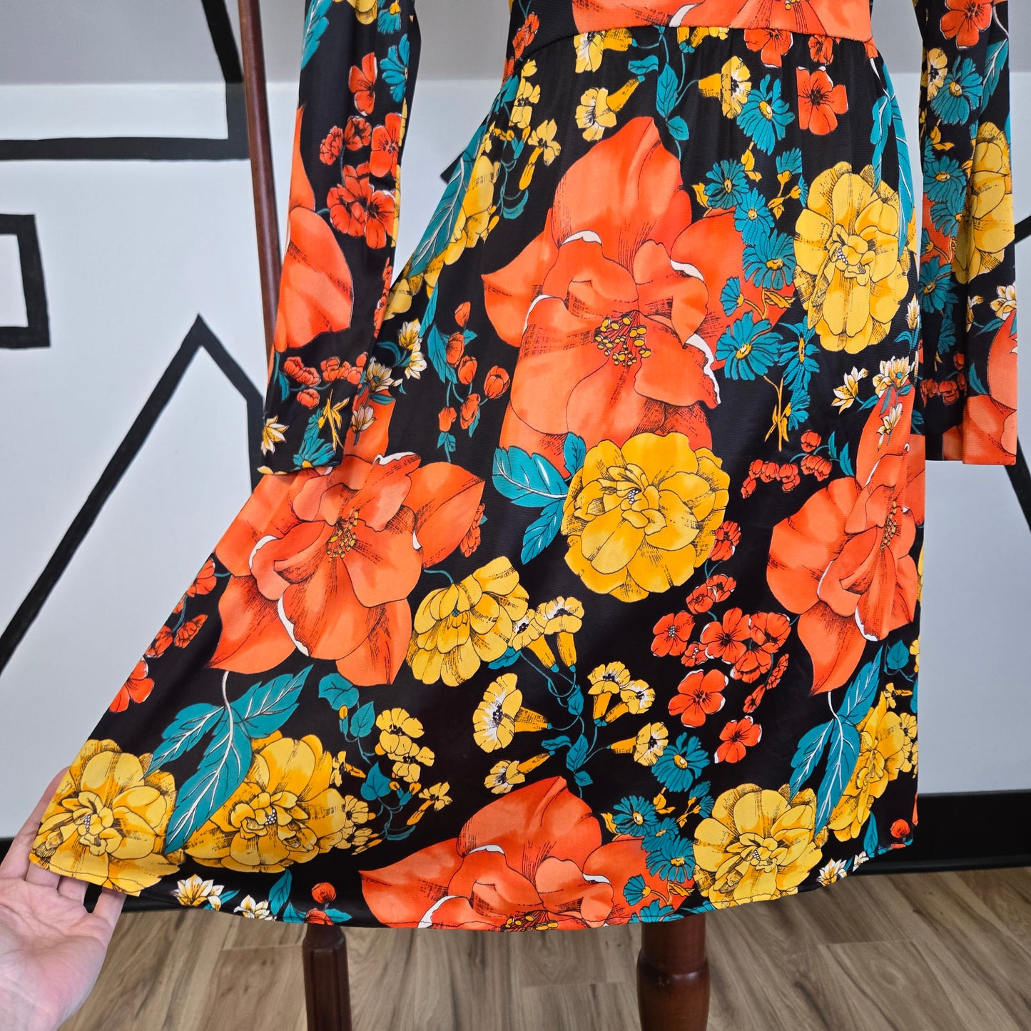 Fritzi of California Vintage 70s Black Based Bright Floral Dress with Waist Tie - medium