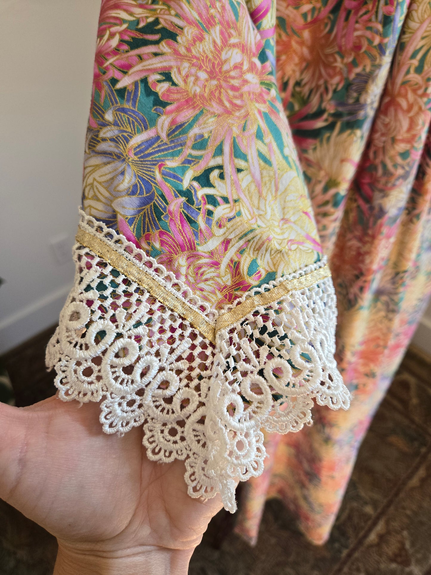 Vintage 1970s Handmade Cotton and Lace Maxi Housedress - large