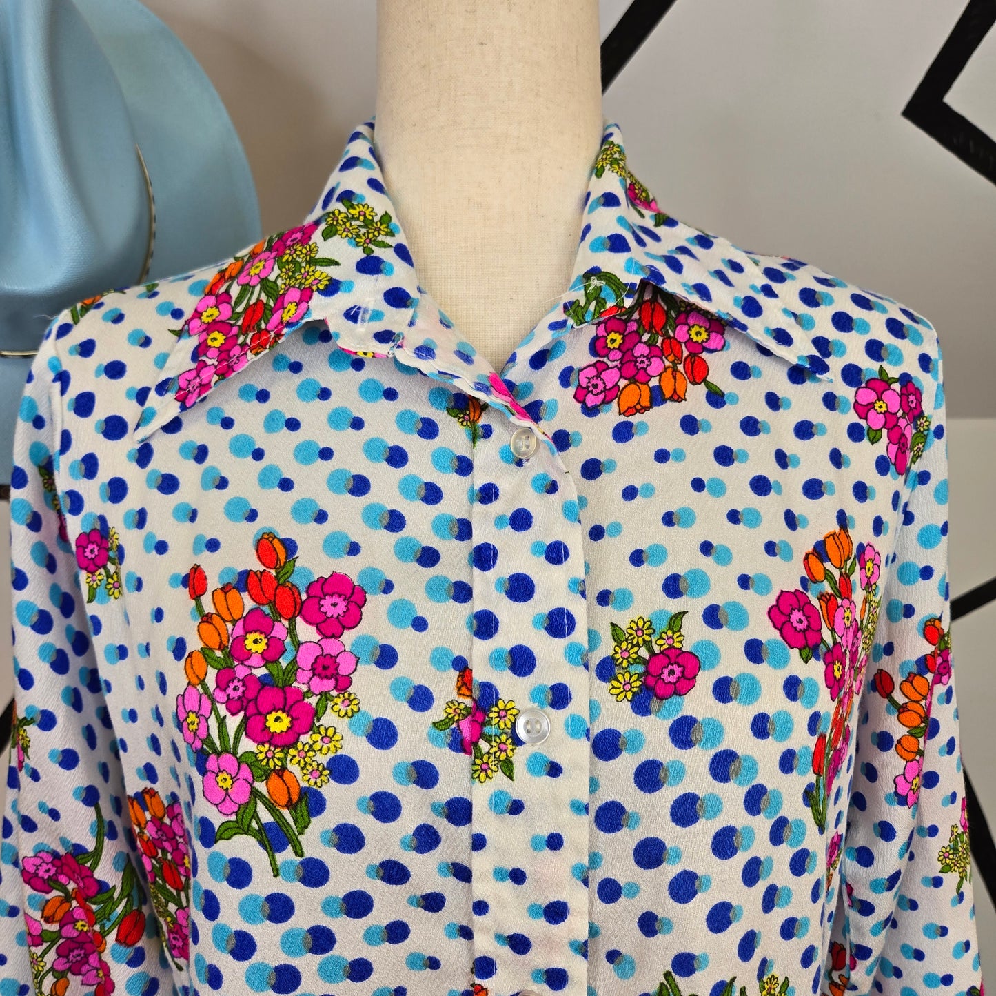 Vintage Dayglo 1970s Barkcloth Polka Dot and Flower Power Top - medium/large