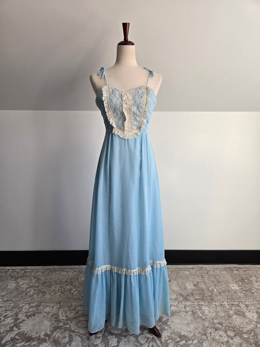 Candi Jones California Vintage 70s Baby Blue Lace Bib Prairie Dress - XS