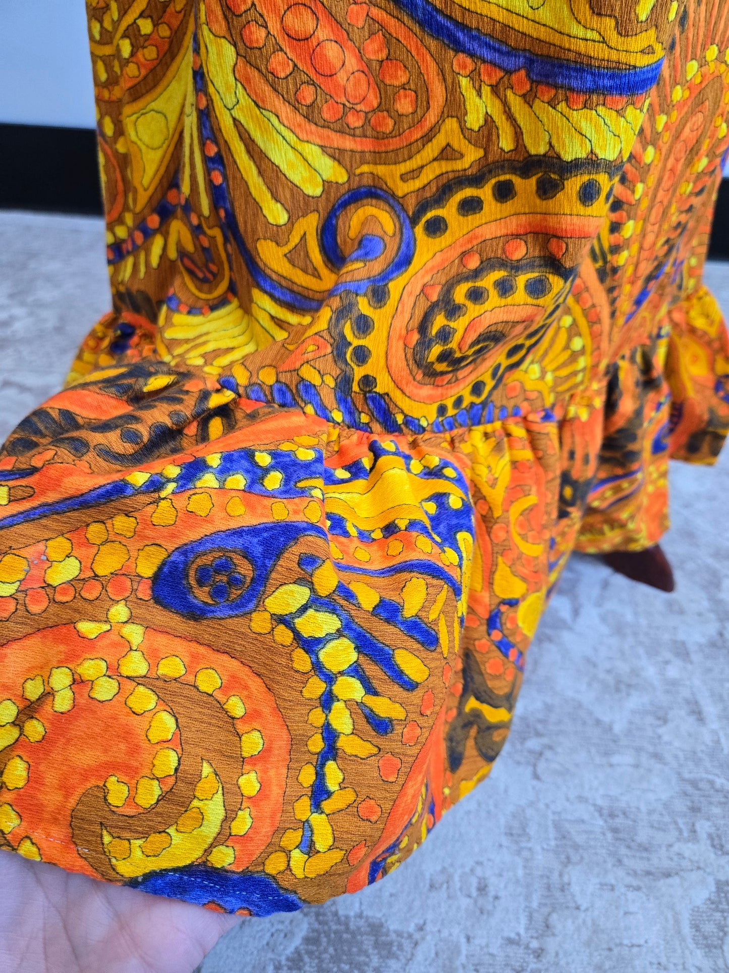 Vintage Barkcloth Orange Psychedelic Dayglo Print Maxi Dress - XS/S