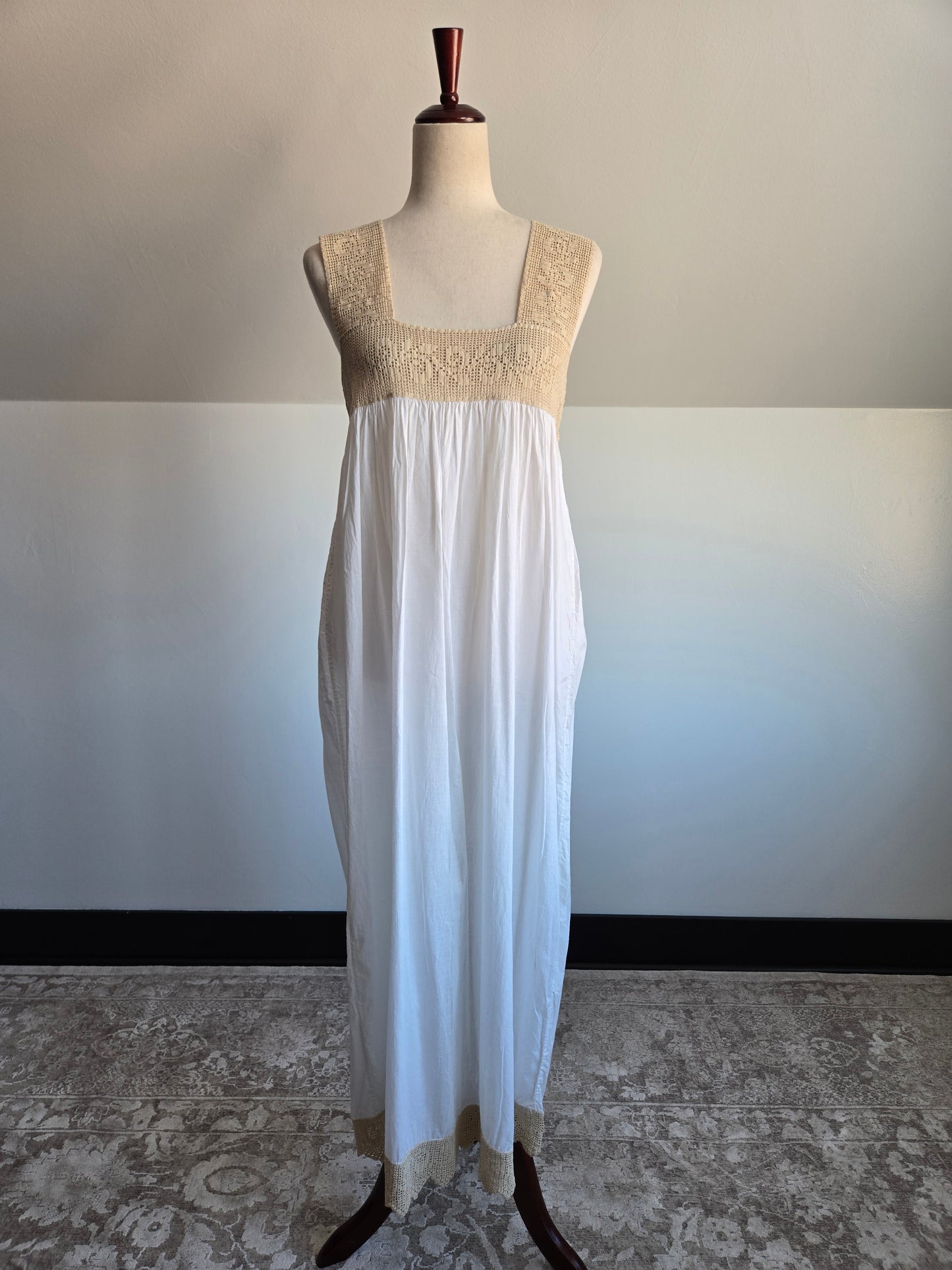 Vintage White Cotton and Crochet Lingerie Slip Dress - S/M