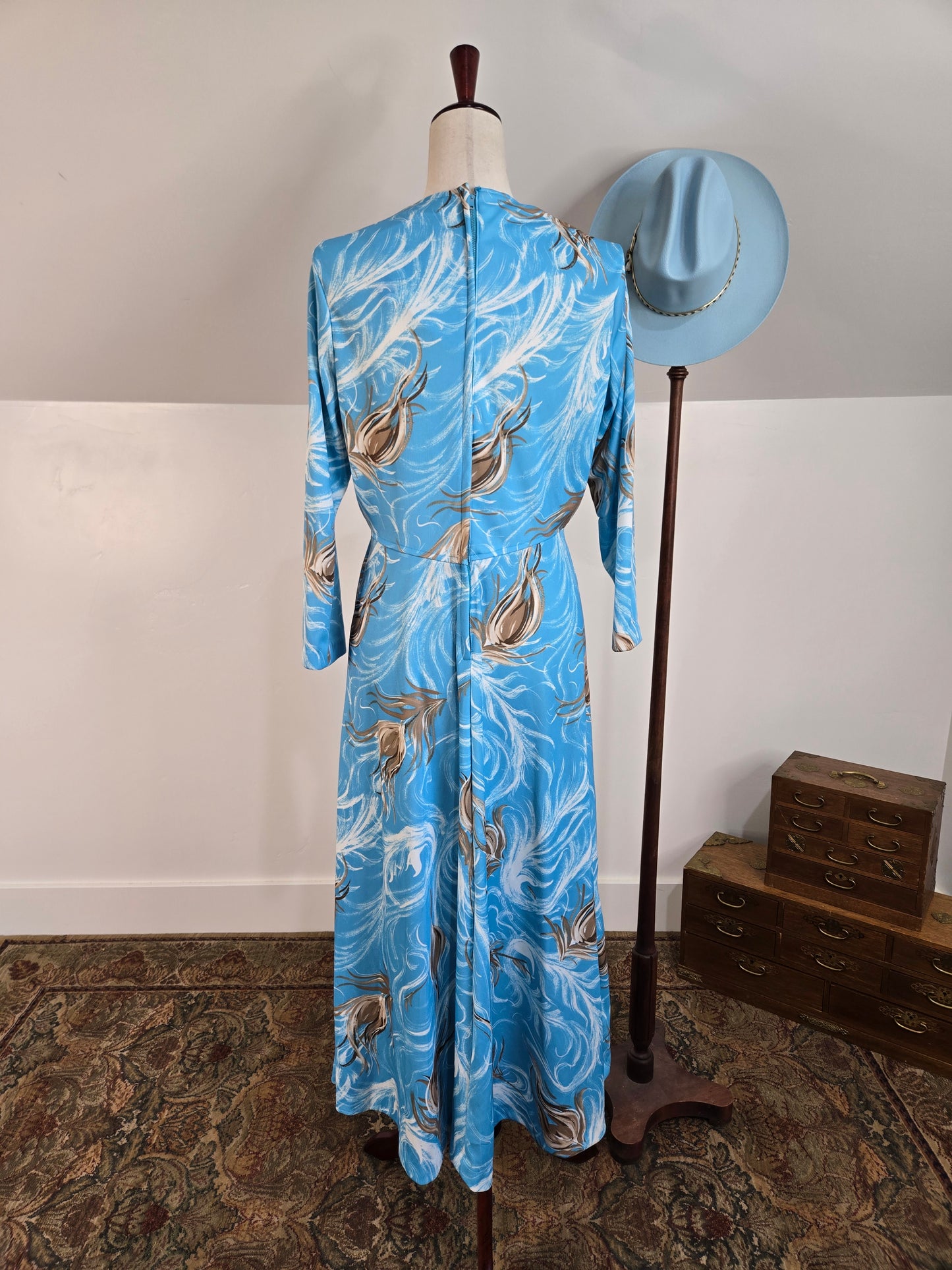 Sears Vintage 60s Blue Feather Print Dress - large