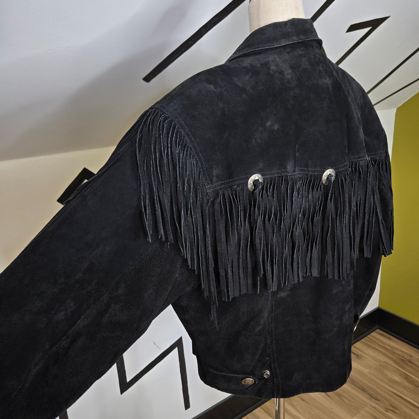 Byrnes & Baker Vintage Black Suede Leather Fringe Jacket - medium