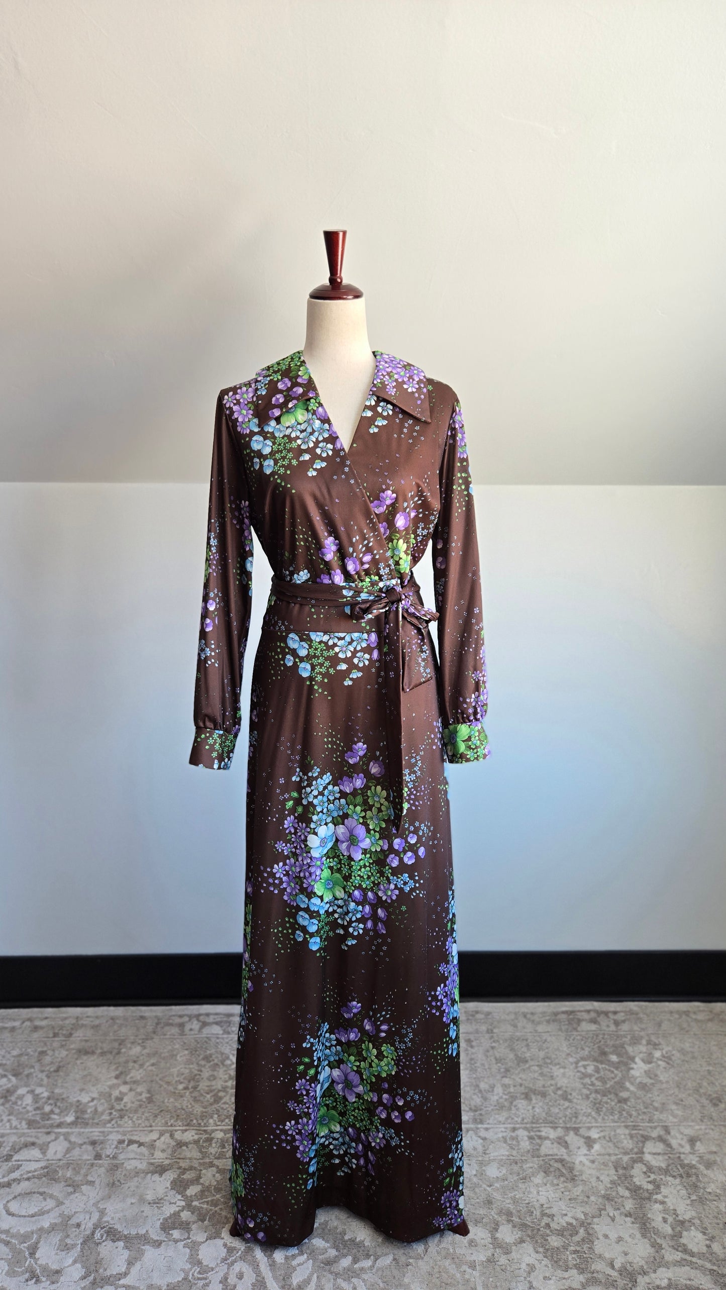 Royalty Dallas Vintage 70s Brown Floral Maxi Dress - L/XL