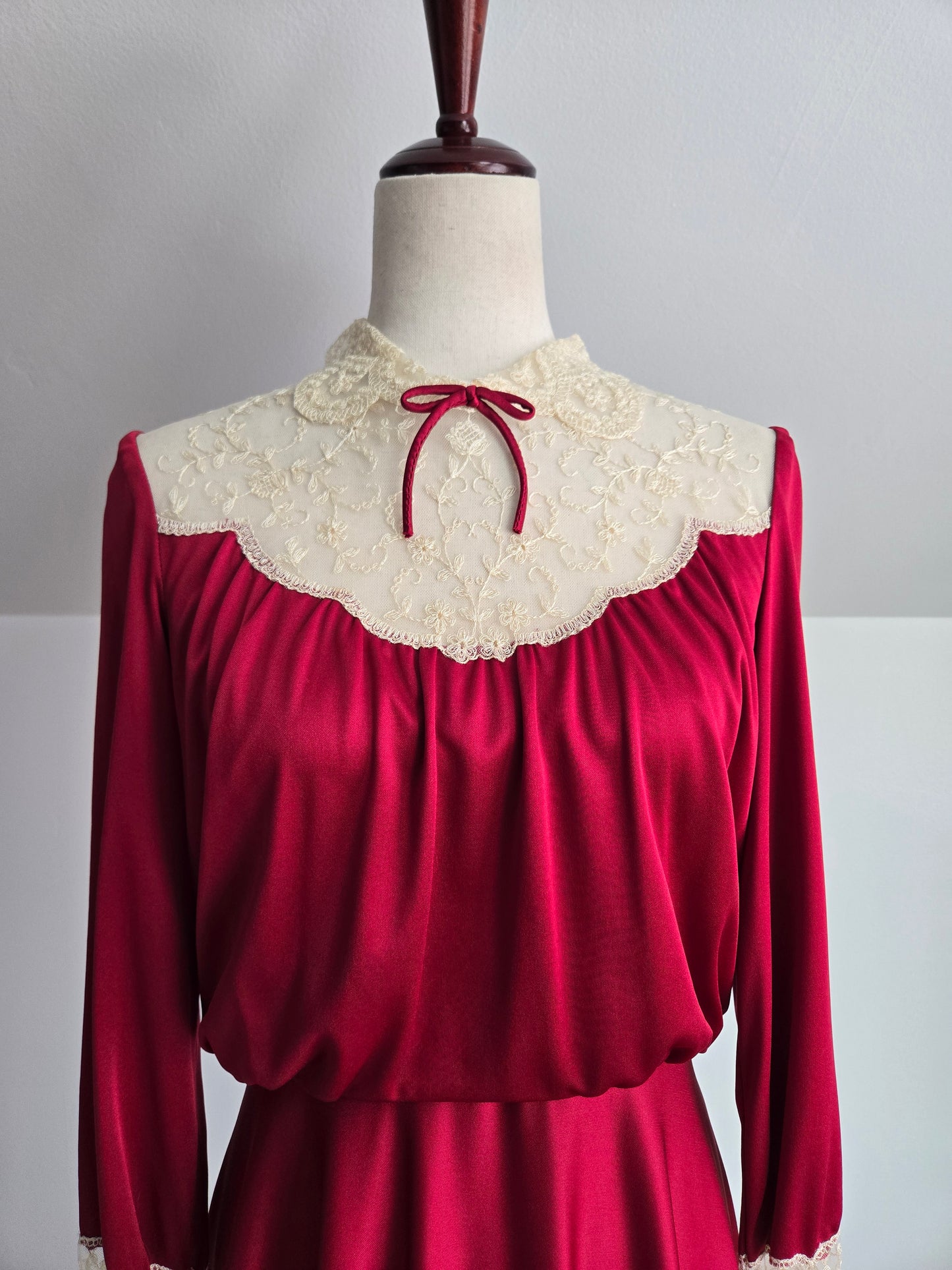 Vintage 1970s Red Slinky Maxi Dress with Shear Lace - Medium