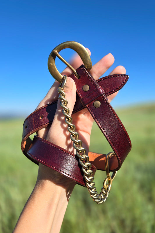 Vintage DKNY Leather Belt with Brass Chain Detail - W25-29"