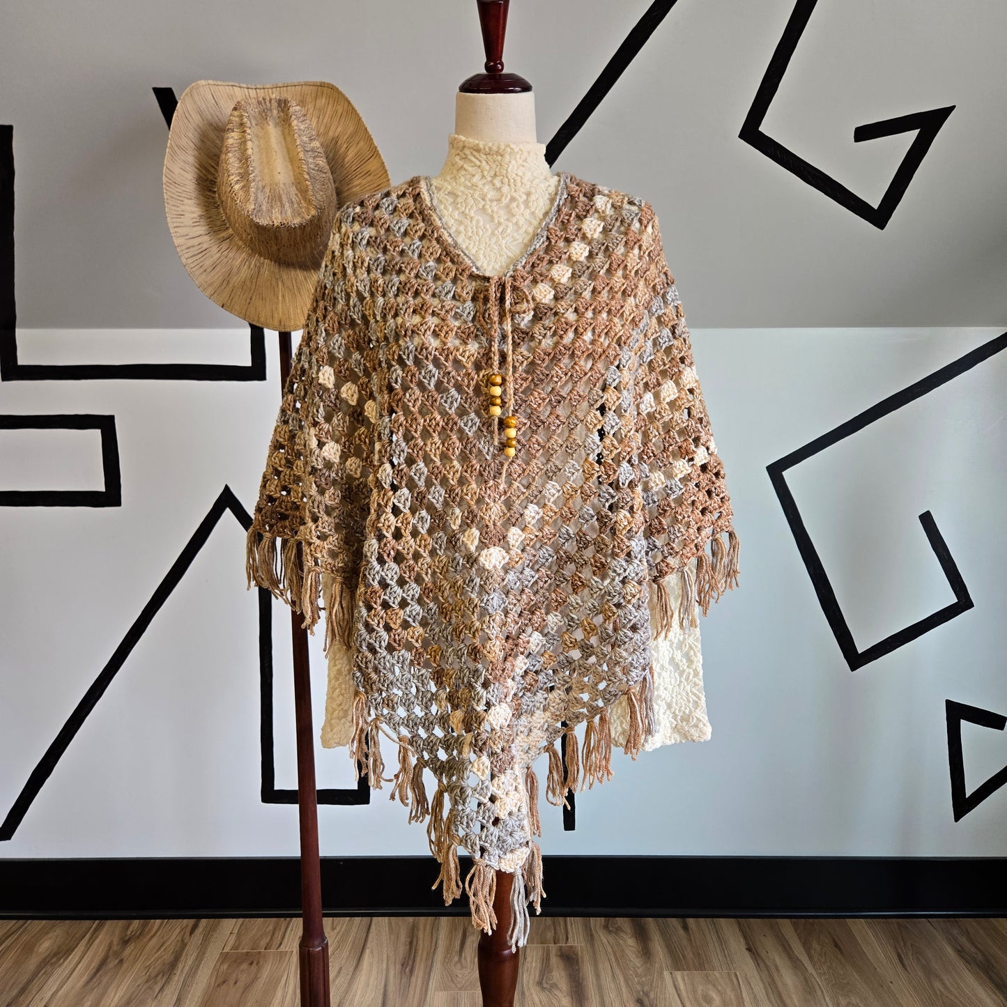 Vintage Handmade Brown/Gray/Ivory Crochet Poncho with Beaded Tie Front - OS