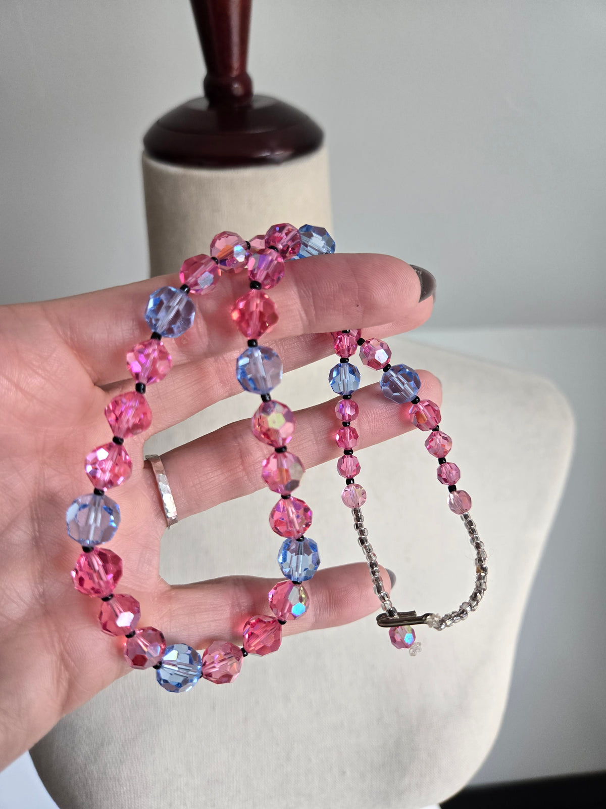 Vintage Pink and Blue Glass AB Bead Necklace