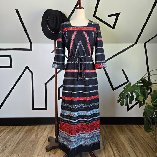 Black and Red Western Print Vintage 1970s Maxi Dress