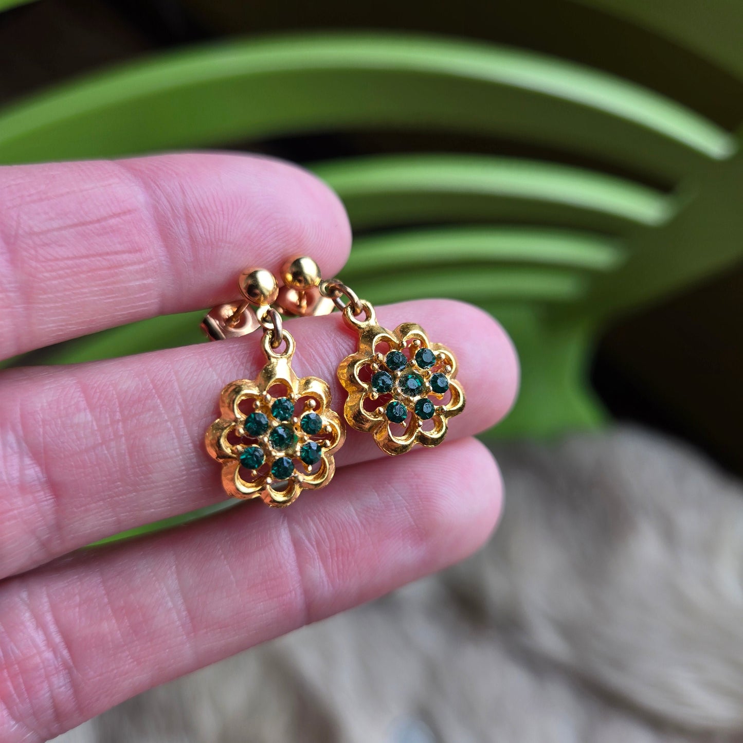 Vintage Gold Flower Drop Earrings with Emerald Green Rhinestones - Post Back