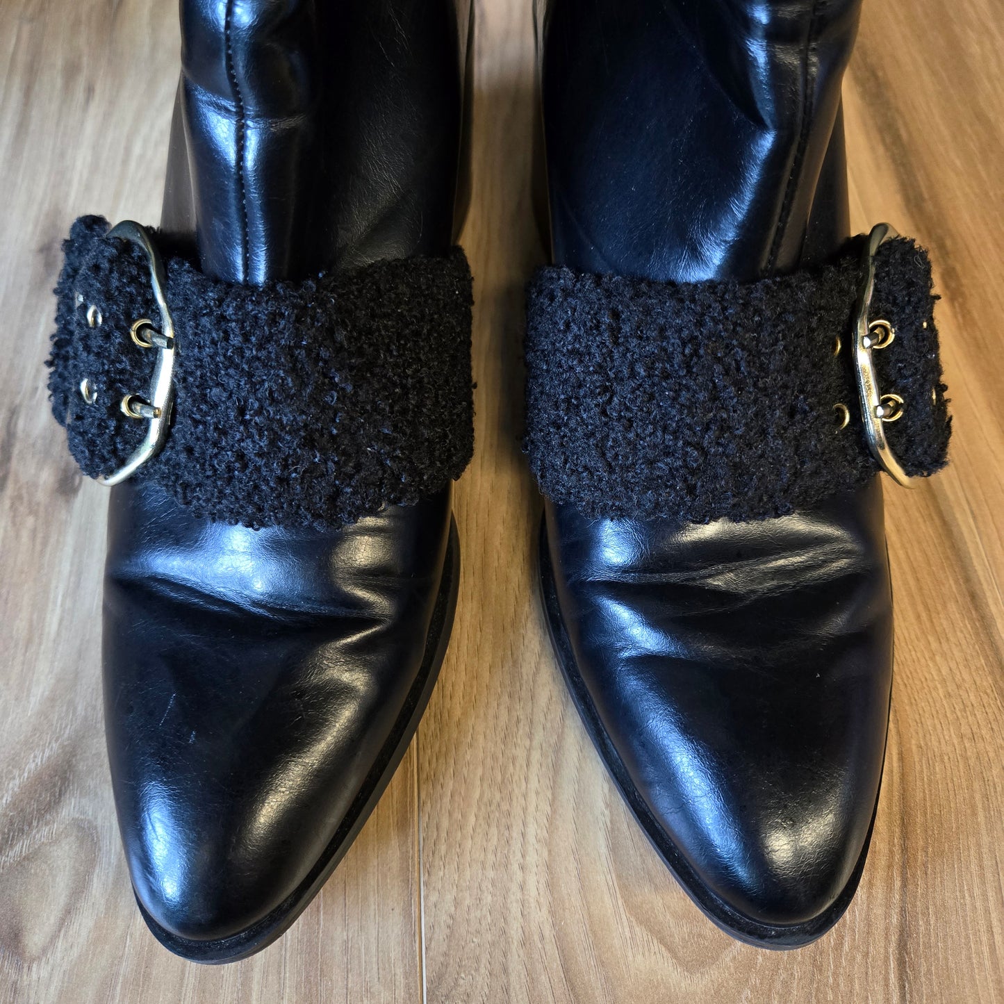 Charles and Keith Black Patent Leather Boots with Fur and Buckle - Size 9.5/10