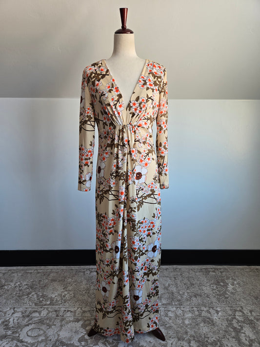 Vintage 70s Tan Floral Print Maxi Dress - medium