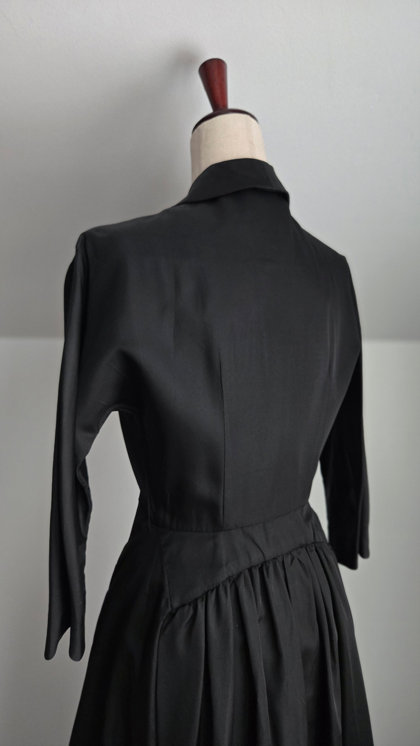 Vintage 1940s Black Satin Day Dress - Small