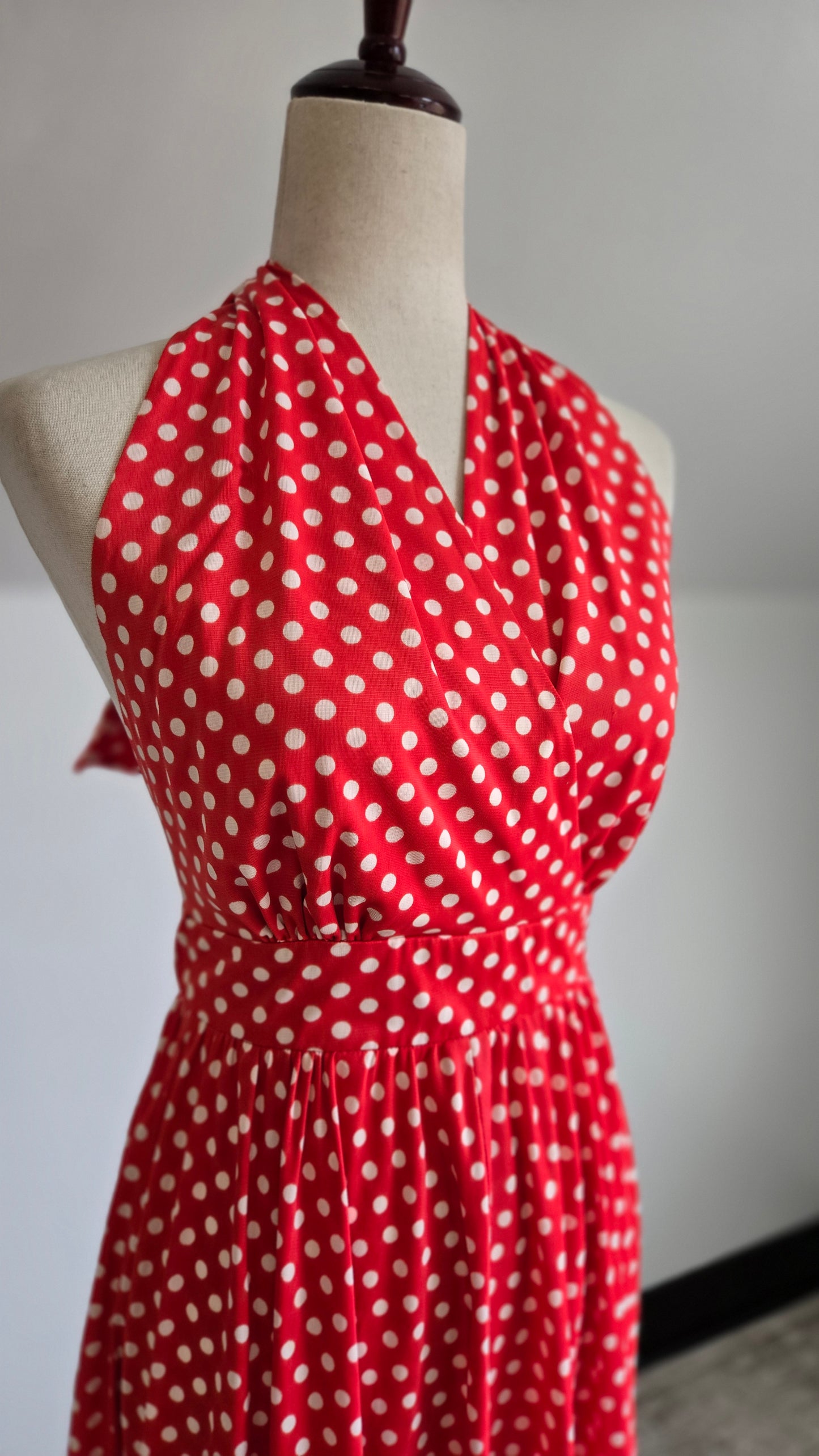 1960s Nylon Red and White Polka Dot Halter Dress - XS